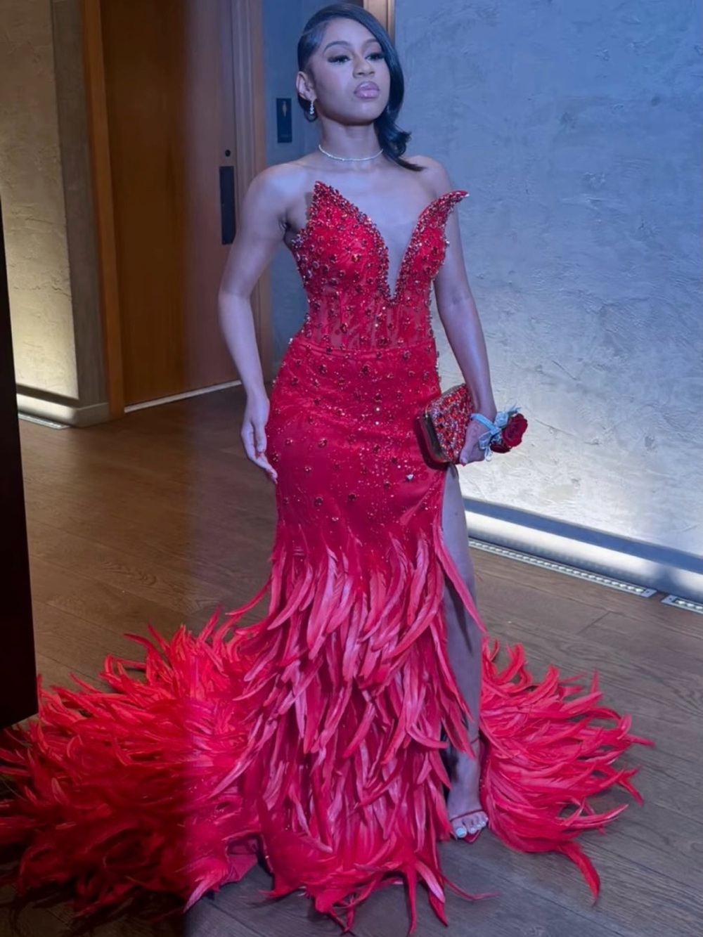 Red Feathered Embellished Evening Gown